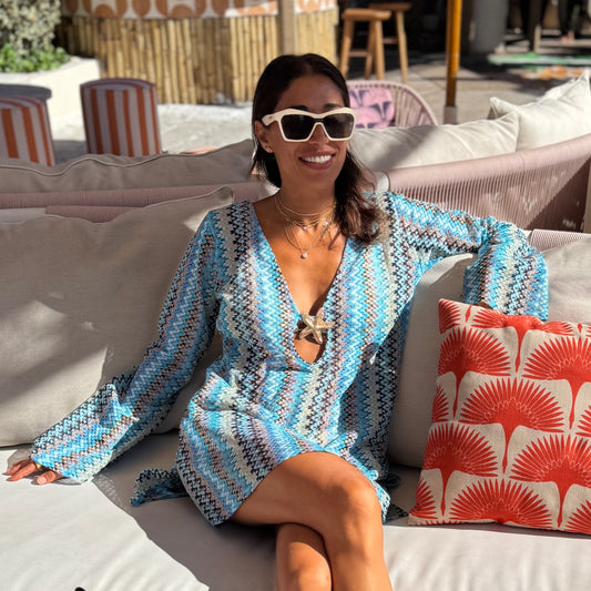 Salina's crochet beach dress in blue chevron weave by COCOBELLE