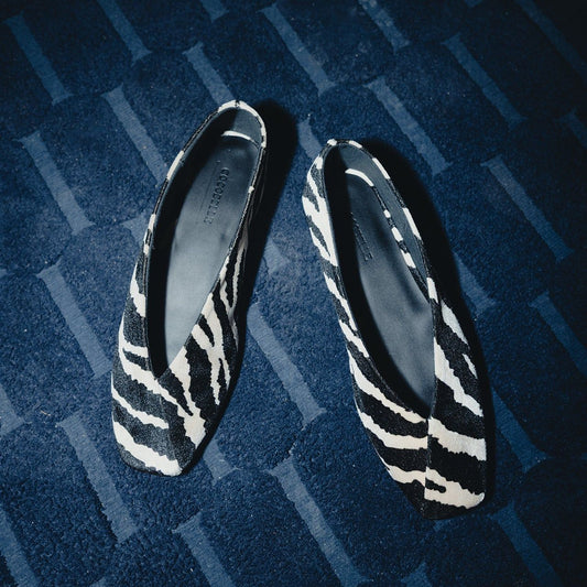 Stacey square-toe ballerina flats in zebra velvet by COCOBELLE