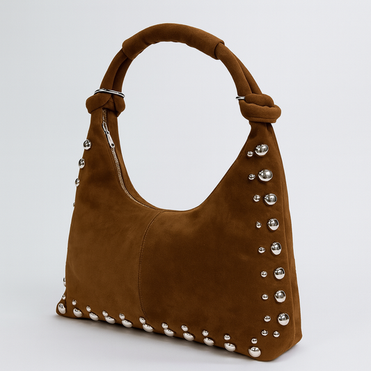 Suzan maxi-studded shoulder bag in brown by COCOBELLE
