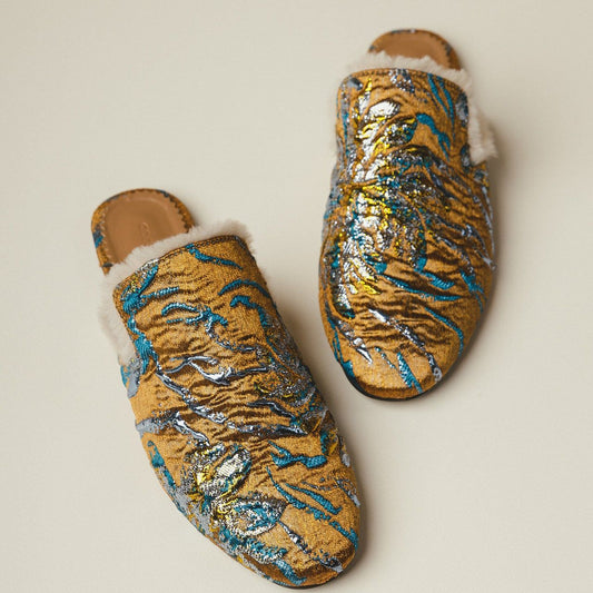Tracey fur-lined mules in Electric Sunsets brocade by COCOBELLE