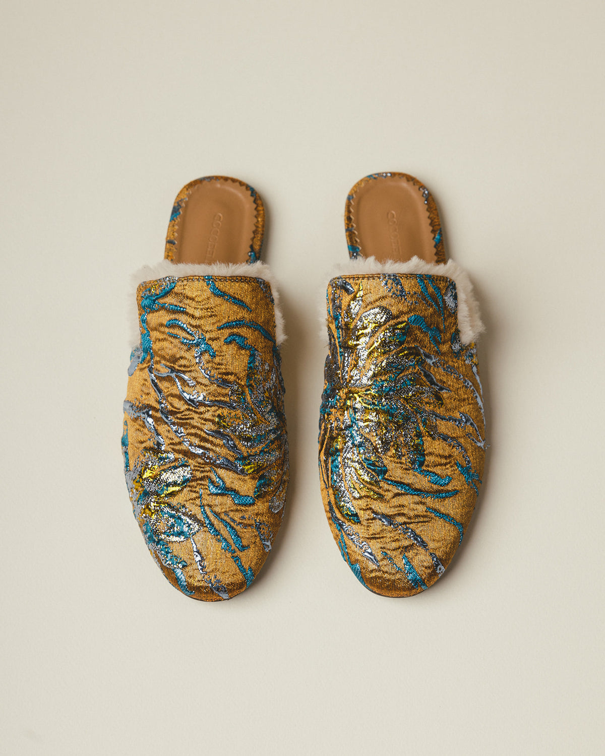 Tracey fur-lined mules in Electric Sunsets brocade by COCOBELLE, view 2