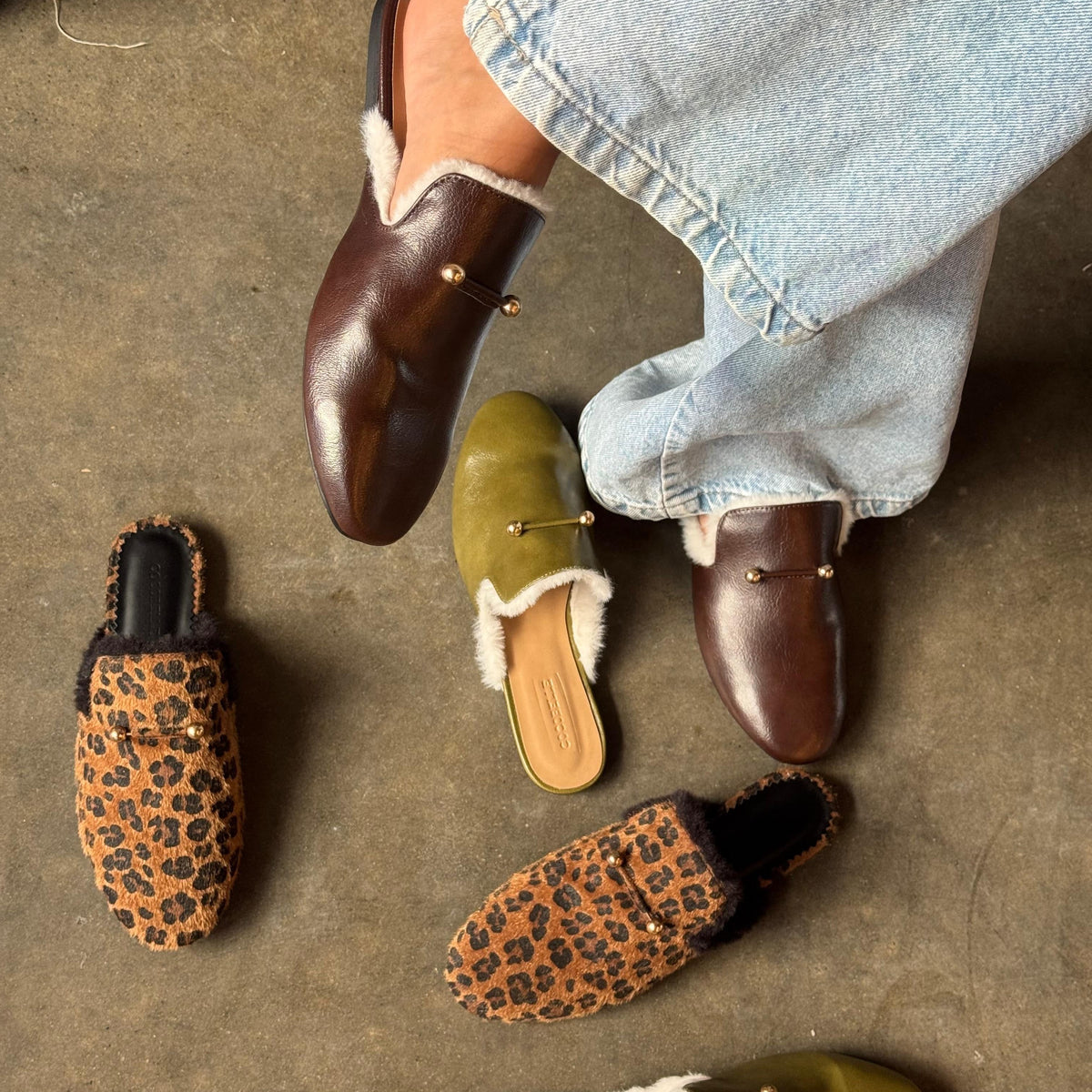 Tracey fur-lined flat mules in leopard by COCOBELLE