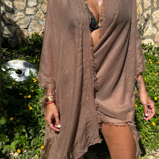 Tulum handwoven fringe cover-up in brown by COCOBELLE