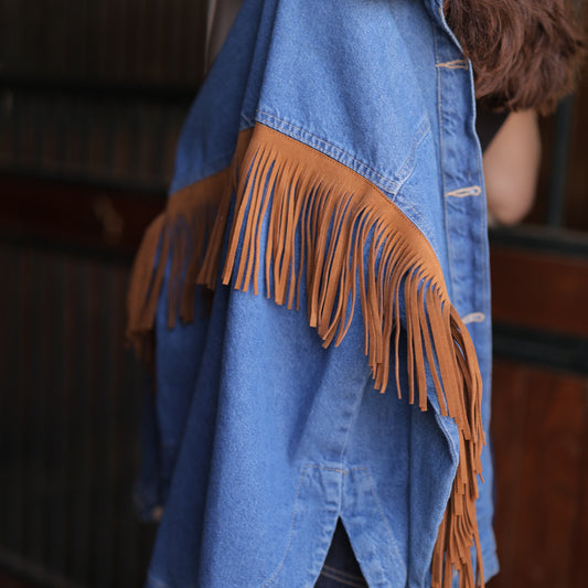 Western fringe denim jacket in dark wash by COCOBELLE