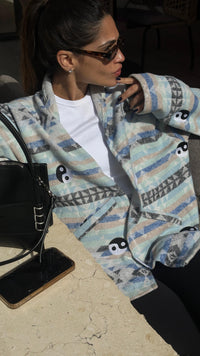 Ying-Yang embroidered blanket cardigan in blue by COCOBELLE
