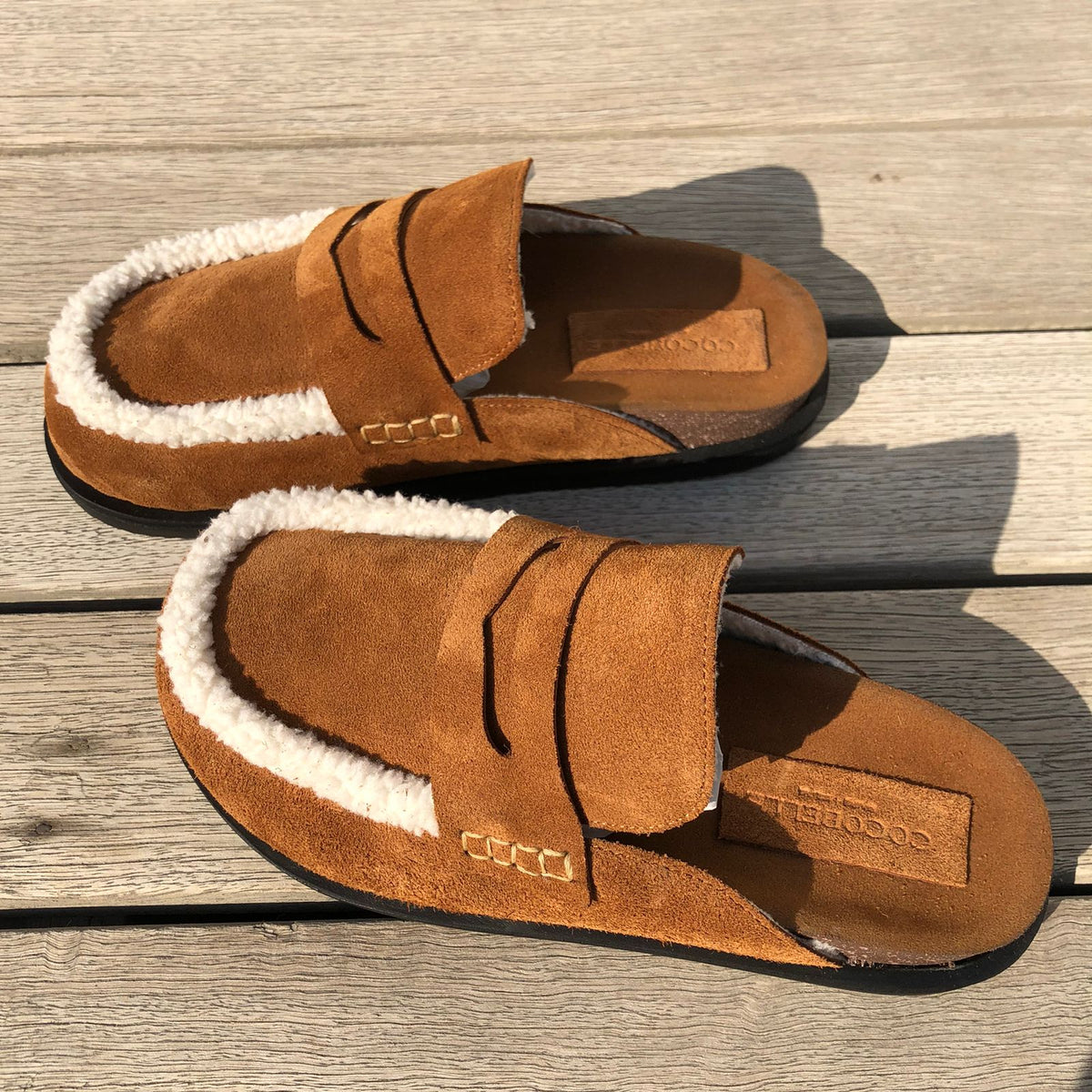 Zoey clogs in brown faux suede with shearling by COCOBELLE