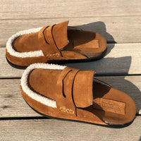 Zoey clogs in brown faux suede with shearling by COCOBELLE
