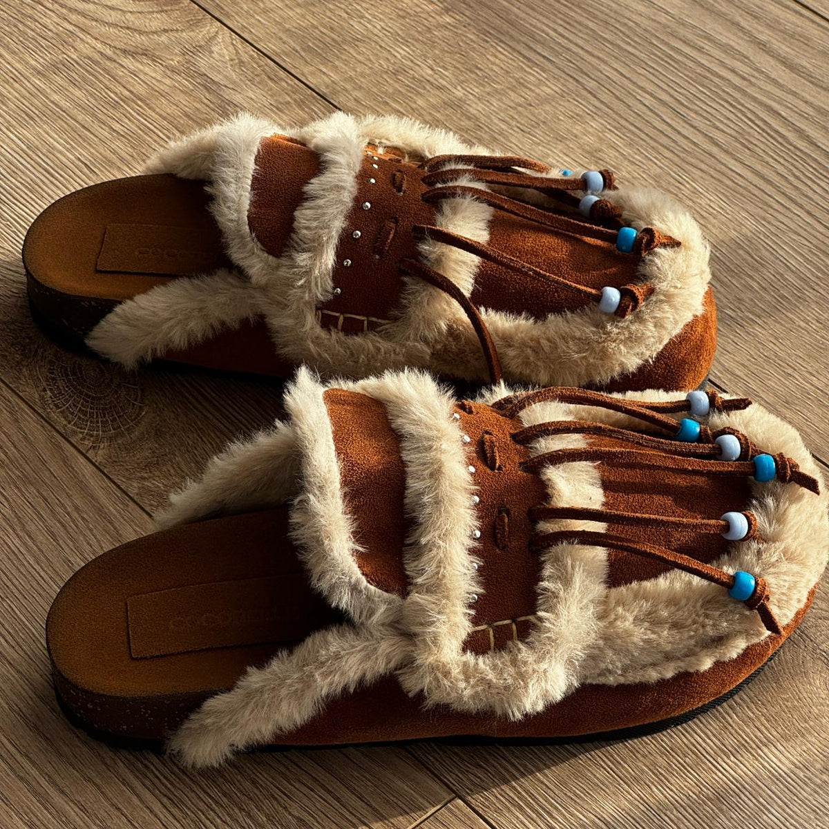 Zoey clogs in brown fur with beaded fringe by COCOBELLE, view 2
